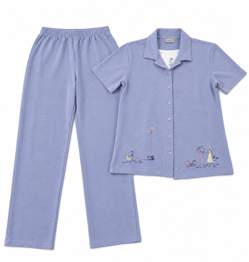 Napa Valley Women’s Medium 2 Piece Pant Set Blue Embroidered Button Front